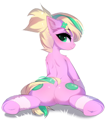 Size: 3345x3724 | Tagged: safe, alternate version, artist:empress-twilight, imported from derpibooru, oc, oc only, oc:emerald bubble, earth pony, pony, blushing, butt, clothes, commission, dock, ear fluff, eyebrows, eyebrows visible through hair, featureless crotch, female, flower, flower in hair, leg warmers, looking at you, looking back, looking back at you, lying down, mare, plot, ponytail, prone, rear view, simple background, smiling, smiling at you, solo, sploot, spread legs, spreading, tail, tail aside, transparent background, underhoof, ych result