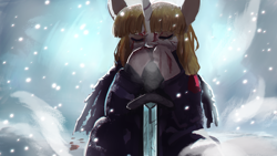 Size: 1920x1080 | Tagged: safe, artist:hierozaki, imported from derpibooru, oc, oc only, oc:syl, pony, unicorn, bleeding, blood, eyes closed, female, horn, mare, snow, snowfall, sword, weapon