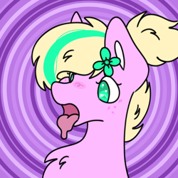 Size: 1280x1280 | Tagged: safe, artist:emeraldthepony, artist:starbite444, imported from derpibooru, oc, oc only, oc:emerald bubble, earth pony, pony, blushing, bust, chest fluff, flower, flower in hair, freckles, open mouth, ponytail, purple background, simple background, solo, tongue out, two toned mane