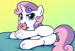 Size: 1216x832 | Tagged: safe, imported from twibooru, sweetie belle, pony, unicorn, ai content, ai generated, butt, dock, donut, female, filly, foal, food, frog (hoof), hooves, image, looking at you, lying down, png, prompter:anonymous, solo, tail, underhoof