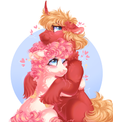 Size: 2400x2600 | Tagged: safe, artist:roselord, imported from derpibooru, oc, oc only, oc:honey bun, oc:steel prism, pony, unicorn, cuddling, fluffy, horn, love, oc x oc, shipping