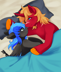 Size: 2122x2500 | Tagged: safe, artist:the-cat1, imported from derpibooru, oc, oc only, oc:dj, oc:steel prism, pegasus, pony, unicorn, bed, cuddling, duo, glasses, horn, lying down, scar, scared