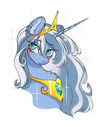 Size: 2325x2934 | Tagged: safe, artist:opalacorn, imported from derpibooru, oc, oc only, pony, unicorn, blushing, bust, chest fluff, crown, eye clipping through hair, eyebrows, eyebrows visible through hair, female, horn, jewelry, lidded eyes, long horn, mare, peytral, regalia, solo, sparkles