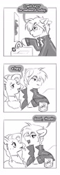 Size: 1428x4096 | Tagged: safe, artist:opalacorn, imported from derpibooru, oc, oc only, earth pony, pony, awkward, black and white, clothes, comic, dialogue, duo, duo male and female, ear piercing, earring, female, flirting, glass, grayscale, jacket, jewelry, leather, leather jacket, lipstick, male, mare, mirror, monochrome, necklace, piercing, stallion