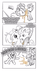 Size: 1800x3238 | Tagged: safe, artist:opalacorn, imported from derpibooru, oc, oc only, pegasus, pony, unicorn, black and white, chair, choker, comic, dialogue, duo, duo female, female, gray sclera, grayscale, horn, horns, mare, monochrome, offscreen character, partial color, speech bubble