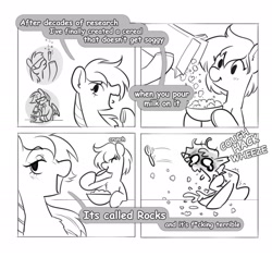 Size: 3000x2831 | Tagged: safe, artist:opalacorn, imported from derpibooru, oc, oc only, earth pony, pegasus, pony, black and white, bowl, choking, comic, commission, dialogue, duo, duo female, eating, female, grayscale, hoof hold, mare, monochrome, rock, speech bubble, spoon