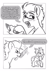 Size: 2700x3977 | Tagged: safe, artist:opalacorn, imported from derpibooru, rainbow dash, oc, earth pony, pegasus, pony, 2 panel comic, black and white, comic, commission, dialogue, duo, duo male and female, female, floppy ears, frown, glasses, grayscale, knife, lidded eyes, male, mare, monochrome, mouth hold, new year, open mouth, open smile, smiling, sparkles, speech bubble, stallion, sweat