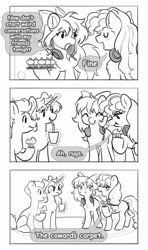 Size: 2428x4096 | Tagged: safe, artist:opalacorn, imported from derpibooru, oc, oc only, oc:cinnabyte, oc:lillybit, earth pony, pony, unicorn, black and white, commission, cupcake, dialogue, drink, drinking, drinking straw, female, food, grayscale, headphones around neck, headset, hoof hold, horn, levitation, magic, male, mare, monochrome, rug, speech bubble, stallion, telekinesis