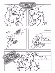 Size: 2912x3844 | Tagged: safe, artist:opalacorn, imported from derpibooru, oc, oc only, pony, unicorn, black and white, chest fluff, circling stars, comic, dialogue, dizzy, dizzy eyes, falling downstairs, female, grayscale, heart, heart eyes, horn, jewelry, lidded eyes, looking at you, mare, monochrome, necklace, open mouth, open smile, smiling, smiling at you, solo, speech bubble, stairs, talking to viewer, wingding eyes