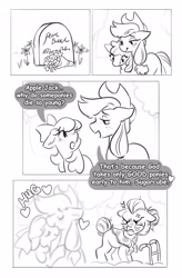 Size: 2691x4096 | Tagged: safe, artist:opalacorn, imported from derpibooru, apple bloom, applejack, granny smith, earth pony, pony, apple sisters, black and white, comic, cross-popping veins, dialogue, emanata, female, filly, floating heart, foal, frown, gravestone, grayscale, heart, hug, implied pear butter, mare, monochrome, narrowed eyes, open mouth, open smile, siblings, simple background, sisters, smiling, speech bubble, teary eyes, walker, white background