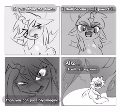 Size: 2909x2700 | Tagged: safe, artist:opalacorn, imported from derpibooru, queen chrysalis, oc, changeling, changeling queen, black and white, changeling oc, comic, dialogue, duo, duo female, female, grayscale, looking at you, monochrome, open mouth, slit pupils, solo focus, speech bubble, star wars, talking to viewer