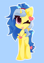 Size: 2428x3430 | Tagged: safe, artist:scarshine, imported from derpibooru, oc, oc only, pony, unicorn, :p, blue mane, heart, horn, light blue background, pink eyes, simple background, solo, tongue out, yellow coat