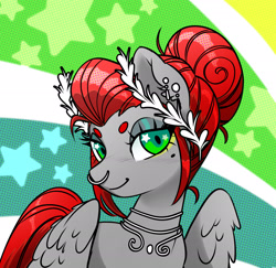 Size: 3026x2936 | Tagged: safe, artist:opalacorn, imported from derpibooru, oc, oc only, oc:void, pegasus, pony, abstract background, bust, ear piercing, earring, female, jewelry, laurel wreath, looking at you, mare, necklace, nose piercing, nose ring, piercing, smiling, smiling at you, solo