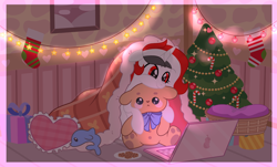 Size: 3340x2020 | Tagged: safe, artist:olivi, imported from derpibooru, oc, oc:red rocket, pony, unicorn, christmas, christmas tree, commission, computer, happy, heart, hearth's warming, holiday, horn, laptop computer, lights, plushie, solo, teddy bear, tree, unicorn oc, ych result