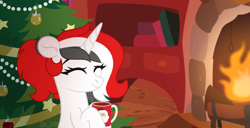 Size: 2280x1164 | Tagged: safe, artist:olivi, imported from derpibooru, oc, oc:red rocket, unicorn, christmas, christmas ornament, christmas tree, commission, decoration, fire, hearth's warming, holiday, horn, mug, santa claus, solo, tree, unicorn oc, ych result