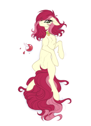 Size: 1830x2535 | Tagged: safe, artist:henori_artist, imported from derpibooru, roseluck, earth pony, pony, behaving like a cat, christmas ornament, collar, commission, commissioner:doom9454, cute, decoration, fluffy, lying down, pet tag, pony pet, rosepet