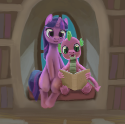 Size: 1857x1851 | Tagged: safe, artist:odooee, imported from derpibooru, spike, twilight sparkle, dragon, pony, unicorn, book, duo, duo male and female, female, golden oaks library, horn, male, mare, open mouth, open smile, reading, sitting, smiling, unicorn twilight, window