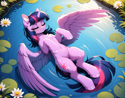 Size: 1376x1072 | Tagged: safe, imported from twibooru, twilight sparkle, alicorn, pony, ai content, ai generated, belly button, cheek fluff, chest fluff, cute, detailed background, ear fluff, eyes closed, female, floating, flower, fluffy, generator:stable diffusion, generator:zoinksnoob, hoof fluff, hooves to the chest, horn, image, in water, leg fluff, mare, outdoors, partially submerged, peaceful, png, prompter:cloudmild, shoulder fluff, sleeping, slender, smiling, solo, spread wings, stray strand, thin, water, waterlily, wings