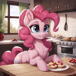 Size: 4608x4608 | Tagged: safe, imported from twibooru, pinkie pie, pony, ai content, ai generated, big eyes, chest fluff, dessert, ear fluff, female, fluffy, food, generator:stable diffusion, happy, image, kitchen, needs more jpeg, plate, prompter:thelight3d, smiling, solo, solo female, strawberry, table, window