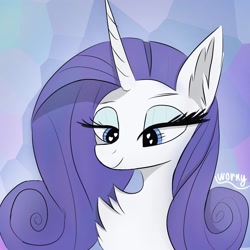 Size: 2048x2048 | Tagged: safe, artist:worny, imported from derpibooru, rarity, unicorn, abstract background, alternate hairstyle, bedroom eyes, big mane, blue background, blue eyes, blue eyeshadow, chest fluff, curvy, ear fluff, eyebrows, eyelashes, eyeshadow, female, fluffy, horn, huge mane, light blue background, makeup, purple background, purple mane, signature, simple background, smiling, solo, solo female