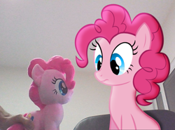 Size: 975x720 | Tagged: safe, artist:awesomebrony, artist:likonan, pinkie pie, earth pony, pony, female, irl, looking down, mare, photo, plushie, ponies in real life, surprised, vector