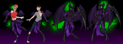 Size: 5000x1800 | Tagged: safe, artist:tomek1000, imported from derpibooru, oc, oc only, alicorn, anthro, bat pony, human, unguligrade anthro, armor, duo, fantasy class, female, high res, human to anthro, male, multeity, scythe, surprised, transformation, transgender transformation, twinning, warrior, weapon