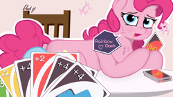 Size: 1920x1080 | Tagged: safe, artist:dark_pp, imported from derpibooru, pinkie pie, rainbow dash, earth pony, pegasus, pony, blushing, card game, chest fluff, female, looking at you, open mouth, simple background, smiling, smug, speech bubble, table, uno