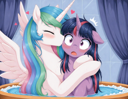 Size: 1728x1344 | Tagged: safe, imported from derpibooru, part of a set, princess celestia, twilight sparkle, alicorn, pony, unicorn, series:most faithful toy, ai composition, ai content, bath, bathing together, blushing, cheek kiss, curtains, cute, duo, duo female, eyebrows, eyebrows visible through hair, eyes closed, female, floating heart, floppy ears, foam, generator:zoinksnoob, heart, horn, hug, indoors, kissing, lesbian, mare, missing accessory, multicolored hair, open mouth, part of a series, prompter:tyto4tme4l, shipping, spread wings, surprise kiss, surprised, tiles, twilestia, unicorn twilight, water, wet, wet mane, wide eyes, wings