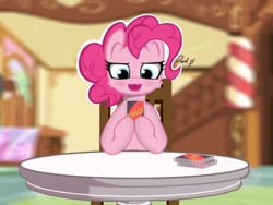 Size: 1440x1080 | Tagged: safe, artist:dark_pp, imported from derpibooru, pinkie pie, earth pony, card game, chair, cheek fluff, female, happy, open mouth, sitting, smiling, solo, sugarcube corner, table, uno