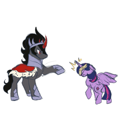 Size: 2048x2048 | Tagged: safe, artist:amanecerlobo, imported from derpibooru, king sombra, twilight sparkle, alicorn, pony, unicorn, duo, duo male and female, female, food, horn, male, mare, quesadilla, stallion, throwing, twilight sparkle (alicorn)