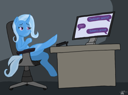 Size: 1508x1120 | Tagged: safe, artist:tiska, imported from derpibooru, starlight glimmer, pony, unicorn, art, chair, chat, computer, cyrillic, desk, horn, keyboard, office chair, russian, solo