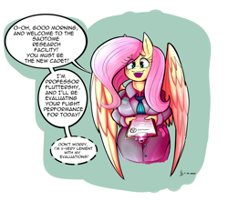 Size: 3304x2924 | Tagged: safe, artist:freehdmcgee, imported from derpibooru, fluttershy, anthro, pegasus, series:getter robo exo, breasts, busty fluttershy, clipboard, clothes, dialogue, dress, eye clipping through hair, grin, looking at you, necktie, nervous, nervous grin, offscreen character, open mouth, open smile, pov, smiling, solo, speech bubble, suit, talking to viewer, wings