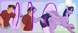 Size: 5000x2146 | Tagged: safe, artist:trubbol, imported from derpibooru, twilight sparkle, alicorn, human, pony, high res, human to pony, portal, transformation, transformation ring, transformation sequence, twilight sparkle (alicorn), unshorn fetlocks