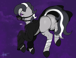 Size: 3000x2300 | Tagged: safe, artist:anix_space, imported from derpibooru, oc, oc only, oc:mind breaker, zebra, butt, falling, glowing, glowing eyes, respirator, sky, star travelers, zebra oc