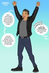 Size: 800x1187 | Tagged: safe, artist:hornbuckle, imported from derpibooru, oc, oc only, human, blue background, dialogue, eyes closed, facial hair, goatee, gradient background, human male, human to pony, male, male to female, oc name needed, open mouth, open smile, rule 63, simple background, smiling, solo, speech bubble, transformation, transformation sequence, transgender transformation