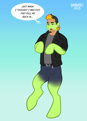 Size: 800x1114 | Tagged: safe, artist:hornbuckle, imported from derpibooru, oc, oc only, human, pony, annoyed, blue background, dialogue, disappearing clothes, gradient background, human to pony, male to female, mid-transformation, oc name needed, open mouth, rule 63, simple background, solo, speech bubble, transformation, transformation sequence, transgender transformation