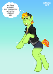 Size: 800x1114 | Tagged: safe, artist:hornbuckle, imported from derpibooru, oc, oc only, oc:goldrush, human, pony, blue background, disappearing clothes, eyes closed, gradient background, gritted teeth, human to pony, male to female, mid-transformation, rule 63, simple background, solo, teeth, thought bubble, transformation, transformation sequence, transgender transformation