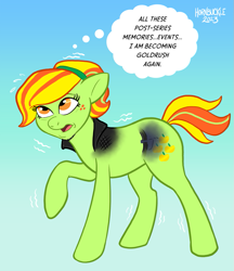 Size: 893x1035 | Tagged: safe, artist:hornbuckle, imported from derpibooru, oc, oc only, oc:goldrush, earth pony, pony, blue background, disappearing clothes, emanata, female, gradient background, human to pony, male to female, mare, open mouth, rule 63, shivering, simple background, sweat, sweatdrops, thought bubble, transformation, transformation sequence, transgender transformation