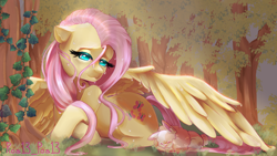 Size: 5500x3100 | Tagged: safe, artist:ros13pos13, imported from derpibooru, fluttershy, pegasus, pony, rabbit, animal, crossed hooves, female, floppy ears, forest, lidded eyes, lying down, mare, nature, outdoors, prone, smiling, solo, tree, wing shelter, wings