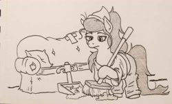 Size: 3117x1883 | Tagged: safe, artist:jargon scott, imported from derpibooru, oc, oc only, earth pony, pony, broom, clothes, couch, dirt, dustpan, earth pony oc, female, grayscale, hoof hold, maid, monochrome, pillow, solo, sweeping, traditional art