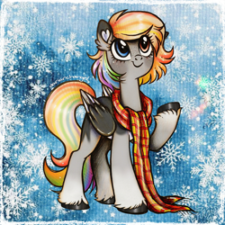 Size: 1500x1500 | Tagged: safe, artist:dariarchangel, imported from derpibooru, oc, oc only, oc:buvany, pegasus, pony, adorable face, black hooves, c:, clothes, coat markings, colored ears, colored wings, cute, cute face, cute smile, ear fluff, female, female oc, folded wings, freckles, gradient legs, gray coat, heart ears, heterochromia, leg fluff, long scarf, long tail, looking up, mare oc, multicolored hair, multicolored mane, multicolored tail, multicolored wings, ocbetes, passepartout, pegasus oc, pony oc, raised hoof, scarf, short hair, short mane, smiling, snow, snowflake, solo, standing, standing on three hooves, tail, traditional art, unshorn fetlocks, wings