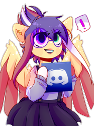 Size: 1424x1900 | Tagged: safe, artist:amiicommissions, imported from derpibooru, oc, oc:cookie, anthro, pegasus, clothes, colored wings, discord (program), glasses, heterochromia, shirt, simple background, skirt, solo, transparent background, two toned wings, wings