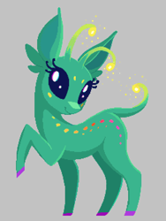 Size: 500x666 | Tagged: safe, artist:shydale, imported from derpibooru, oc, oc only, oc:glorp, alien, alien pony, antennae, ayy (species), body markings, bug eyes, cute, digital art, extraterrestrial, gray background, magma.com, pixel art, raised leg, simple background, sparkles