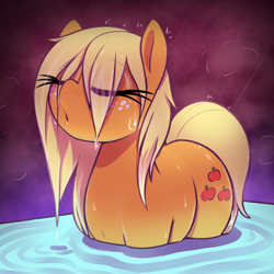 Size: 1000x1000 | Tagged: safe, artist:thebatfang, imported from derpibooru, applejack, earth pony, pony, :o, bathing, eye clipping through hair, eyelashes, eyes closed, missing accessory, open mouth, partially submerged, rain, relaxing, solo, standing in water, stupid sexy applejack, water, wet, wet mane, wet mane applejack