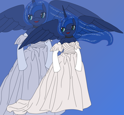 Size: 2750x2549 | Tagged: safe, artist:timejumper, imported from derpibooru, princess luna, alicorn, anthro, choker, clothes, dress, evening gloves, gloves, gown, long gloves, simple background, solo, wedding dress, zoom layer