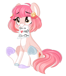 Size: 1404x1616 | Tagged: safe, artist:emberslament, imported from derpibooru, oc, oc only, oc:jinglebelle, earth pony, pony, bells, blushing, coat markings, cute, earth pony oc, female, heart, heart eyes, hoof polish, mare, mouth hold, simple background, sitting, socks (coat markings), transparent background, underhoof, wingding eyes