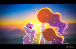 Size: 5633x3622 | Tagged: safe, artist:jaanhavi, imported from derpibooru, princess celestia, oc, oc:queen galaxia, alicorn, pony, cewestia, female, filly, mother and child, mother and daughter, sunrise, younger