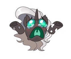 Size: 700x577 | Tagged: artist needed, safe, imported from derpibooru, oc, oc only, oc:kitu elder, changeling, changeling queen, bust, changeling oc, crying, ears, emote, emotes, female, gray coat, horn, meme, portrait, simple background, solo, solo female, teal eyes, transparent background, white mane