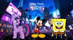 Size: 626x351 | Tagged: safe, editor:questphillips, imported from derpibooru, twilight sparkle, alicorn, mouse, 2025, crossover, disney, female, fireworks, happy new year, happy new year 2025, hat, holiday, male, new year, new years eve, new york city, nickelodeon, night, one eye closed, sponge, spongebob squarepants, spongebob squarepants (character), twilight sparkle (alicorn), wink