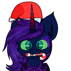 Size: 2000x2000 | Tagged: safe, artist:nhale, imported from derpibooru, oc, oc only, oc:prince jules, alicorn, pony, candy, candy cane, christmas, commission, dark blue coat, ethereal mane, fangs, food, galaxy mane, green eyes, holiday, princess, sharp teeth, simple background, solo, teeth, transparent background